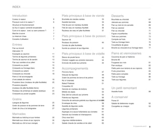INDEX


Introduction                                        Plats principaux à base de viande                       Desserts
Cuiseur à vapeur                               6    Brochette de viandes variées                     33     Bouchées au chocolat                      67
Pourquoi cuire à la vapeur ?                   6    Assiette bernoise                                34     Jalousie aux pommes                       68
Structure et fonctionnement                         Filet de porc en manteau feuilleté               35     Flan au miel et à la cannelle             69
du four à vapeur combiné encastrable           6    Filet de veau en manteau feuilleté               36     Flan au caramel                           70
Cuire à la vapeur : avec ou sans pression ?    7    Rouleaux de veau en pâte feuilletée              37     Flan au chocolat                          71
Marche à suivre                                7                                                            Figues croustillantes                     72
Le réservoir d’eau                             7    Plats principaux à base de poisson                      Tarte aux pommes                          73
Conseils d’utilisation                         7    Saumon 39                                               Compote de fruits                         74
                                                    Rouleaux de poisson                              40     Tarte au fromage blanc                    75
Entrées                                             Cornets de pâte feuilletée                              Croustillants de glace                    76
Flan au brocoli                                9    fourrés au poisson et aux légumes                41     Brioche au chocolat et au fromage blanc   77
Zakouskis 10
Escargots au saumon                            11   Plats principaux à base de volaille                     Pains et viennoiseries
Terrine de légumes printaniers                 12   Blancs de poulet farcis                          43     Couronne de pain à l’italienne            79
Terrine de saumon et de sandre                 13   Chicken nuggets aux piments mexicains            44     Brioche 80
Flan aux carottes et au céleri                 14   Emincés de poulet aux piments                    45     Fougasse aux noix                         81
Croissants au poulet                           15                                                           Pain exotique                             82
Croissants au fromage blanc                    16   Accompagnements                                         Petits pains aux lardons et aux oignons   83
Croissants au salami                           17                                                           Fruits prisonniers                        84
                                                    Poivrons farcis                                  47
Croissants au chocolat                         18                                                           Petits pains complets                     85
                                                    Streusel de légumes                              48
Pains à l’ail accompagnés                                                                                   Tarte au fromage                          86
                                                    Gratin de pommes de terre et de potiron          49
d’une salade de melons                         19                                                           Tarte aux légumes                         87
                                                    Riz à l’orientale                                50
Prussiens doux (rouleaux de pâte feuilletée)   20
                                                    Baked Potatoes                                   51
Prussiens piquants
                                                    Croquettes 52
(rouleaux de pâte feuilletée farcis)           21
                                                    Haricots en manteau de lardons                   53     Un petit remontant
Rouleaux de printemps et salade asiatique      22                                                           Assiette froide                           89
                                                    Millotto de cèpes                                54
Croissants au poulet surgelés                  23
                                                    Ebly (blé dur précuit) aux piments               55
                                                    Polenta aux légumes                              56     A conserver
Gratins                                             Gnocchis de semoule gratinés aux légumes et lentilles
                                                                                                     57     Poires 91
Lasagne de légumes                             25   Enveloppe de chou                                58     Salade de betteraves rouges               92
Gratin de poisson et de pommes de terre        26   Assiette de légumes variés                       59     Courgettes au vinaigre                    93
Gratin de chou à la bolognaise                 27   Légumes printaniers                              60
                                                    Asperges à la sauce hollandaise aux tomates      61
Marinades                                           Haricots aux tomates et champignons              62
Marinade au ketchup et aux herbes              29   Chou-rave farci                                  63
Marinade aux olives et aux oignons             30   Légumes méditerranéens                           64
Marinade au chili et aux oranges               31   Salade chaude de carottes et de céleri           65

                                                                                                                                                      5
 