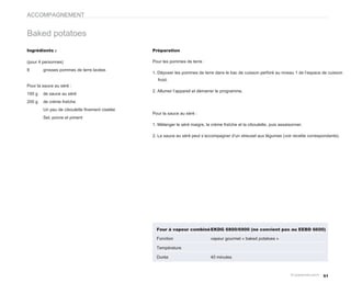 ACCOMPAGNEMENT


Baked potatoes
Ingrédients :                                   Préparation

(pour 4 personnes)                              Pour les pommes de terre :
8       grosses pommes de terre lavées
                                                1. Déposer les pommes de terre dans le bac de cuisson perforé au niveau 1 de l’espace de cuisson
                                                  froid.
Pour la sauce au séré :
                                                2. Allumer l’appareil et démarrer le programme.
150 g   de sauce au séré
200 g   de crème fraîche
        Un peu de ciboulette finement ciselée
                                                Pour la sauce au séré :
        Sel, poivre et piment
                                                1. Mélanger le séré maigre, la crème fraîche et la ciboulette, puis assaisonner.

                                                2. La sauce au séré peut s’accompagner d’un streusel aux légumes (voir recette correspondante).




                                                  Four à vapeur combiné EKDG 6800/6900 (ne convient pas au EEBD 6600)

                                                  Fonction                     vapeur gourmet « baked potatoes »

                                                  Température

                                                  Durée                        40 minutes



                                                                                                                                      51
 