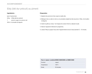 ACCOMPAGNEMENT


Ebly (blé dur précuit) au piment
Ingrédients :                              Préparation

(pour 4 personnes)                         1. Epépiner les poivrons et les couper en petits dés.
200 g   d’Ebly (blé dur précuit)
                                           2. Mélanger dans un plat en verre ou en porcelaine adapté les dés de poivron, l’Ebly, et le bouillon
1       poivron rouge et un poivron vert
                                             de légume.
300 ml de bouillon de légume
                                           3. Insérer la grille au niveau 1 de l’espace de cuisson froid et y déposer le plat.

                                           4. Allumer l’appareil et démarrer le programme.

                                           5. Laisser l’Ebly se gorger d’eau dans l’appareil éteind encore chaud pendant 5 – 10 minutes.




                                             Four à vapeur combiné EKDG 6800/6900 et EEBD 6600

                                             Fonction                      vapeur

                                             Température                   100°C

                                             Durée                         25 minutes



                                                                                                                                     55
 