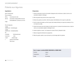 ACCOMPAGNEMENT


Polenta aux légumes
Ingrédients :                                       Préparation

(pour 4 personnes)                                  1. Verser la semoule de maïs et le bouillon de légume avec le lait dans un plat en verre ou en
Pour la polenta :                                     porcelaine adapté et mélanger.

200 g        de semoule de maïs
                                                    2. Oter les graines des poivrons et les couper en dés.
200 ml       de bouillon de légume400 ml de lait
                                                    3. Enlever les graines du piment, retirer les peaux intermédiaires et le couper en petits dés.
             Eventuellement, du beurre ou du fro-
mage
                                                    4. Ouvrir la boite de tomates (ou ôter la peau des tomates fraîches) et couper les tomates en 8 ou
                                                      en 6 selon leur taille.
Pour les légumes :
1 boite                                             5. Verser les haricots avec les tomates, les dés de poivron, le piment et les épices dans un plat en
moyenne de haricotsrouges                             verre ou en porcelaine adapté et mélanger le tout.
1 boite
moyenne de tomateshachées                           6. Insérer la grille au niveau 1 de l’espace de cuisson froid et y déposer le plat.

Ou                                                  7. Allumer l’appareil et démarrer le programme.
2 tomates            fraîches,
                             charnues
                                                    8. Selon les goûts, ajouter un peu de beurre ou de fromage râpé à la polenta.
2 poivrons           verts
1 petit          piment rouge
1            gousse d’ail pressée
             Sel et thym




                                                      Four à vapeur combiné EKDG 6800/6900 et EEBD 6600

                                                      Fonction                      vapeur

                                                      Température                   100°C

                                                      Durée                         45 minutes



56
 
