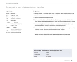 ACCOMPAGNEMENT


Asperges à la sauce hollandaise aux tomates
Ingrédients :                               Préparation

(pour 4 - 6 personnes)                      1. Peler les asperges et enlever les parties dures, si nécessaire. Mettre les asperges dans le plat
500 g        d’asperges vertes                perforé et le pousser dans la chambre de cuisson froide.

500 g        d’asperges blanches
                                            2. Allumer l’appareil et démarrer le programme.
2 CS         de vinaigre de vin blanc
                                            3. Pour la sauce hollandaise aux tomates, faire chauffer le vinaigre avec le vin, l’échalote et les
2 CS         de vin blanc
                                              épices dans une casserole et laisser réduire de moitié à feu moyen. Passer le liquide au chinois.
1 échalote            émincée
             Quelques grains de poivre      4. Incorporer cette préparation aux jaunes d’oeufs et aux épices et battre le tout au bain-marie
1            feuille de laurier               jusqu'à ce que le jaune commence à s'épaissir et que le mélange mousse.
2 jaunes            d’oeufs
                                            5. Incorporer délicatement le concentré de tomates à la sauce puis ajouter le beurre liquide en filet
             Sel, poivre et jus de citron     en remuant au fouet. Servir la sauce immédiatement avec les asperges.
1 CT         de concentré de tomates
50 – 100 g de beurre liquide refroidi
                                              La durée de cuisson des asperges dépend de leur grosseur et du croquant souhaité.




                                              Four à vapeur combiné EKDG 6800/6900 et EEBD 6600

                                              Fonction                     vapeur

                                              Température                  100°C

                                              Durée                        30 minutes



                                                                                                                                         61
 