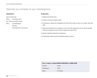 ACCOMPAGNEMENT


Haricots aux tomates et aux champignons
Ingrédients :                             Préparation

(pour 4 personnes)                        1. Préparer les haricots nains
500 g     de haricots nains
                                          2. Couper en deux les tomates cerises
Env. 250 g de tomates cerises
200 g     de champignons                  3. Si nécessaire, nettoyer les champignons de Paris et les couper en deux ou en quatre, selon leur
                                            taille.
          Sarriette
          Eventuellement, sel et poivre   4. Placer tous les légumes sur la plaque en acier inox et les saupoudrer avec un peu de sarriette.
                                            Introduire la plaque en acier inox dans l’espace de cuisson froid.

                                          5. Allumer l’appareil et démarrer le programme.

                                          6. Si nécessaire, saler et poivrer les légumes après la cuisson.




                                            Four à vapeur combiné EKDG 6800/6900 et EEBD 6600

                                            Fonction                       vapeur

                                            Température                    100°C

                                            Durée                          45 minutes



62
 