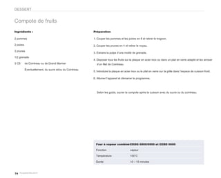 DESSERT


Compote de fruits
Ingrédients :                                            Préparation

2 pommes                                                 1. Couper les pommes et les poires en 8 et retirer le trognon.

2 poires                                                 2. Couper les prunes en 4 et retirer le noyau.
3 prunes
                                                         3. Extraire la pulpe d’une moitié de grenade.
1/2 grenade
                                                         4. Disposer tous les fruits sur la plaque en acier inox ou dans un plat en verre adapté et les arroser
3 CS       de Cointreau ou de Grand Marnier                d’un filet de Cointreau.
           Éventuellement, du sucre et/ou du Cointreau
                                                         5. Introduire la plaque en acier inox ou le plat en verre sur la grille dans l’espace de cuisson froid.

                                                         6. Allumer l’appareil et démarrer le programme.




                                                           Selon les goûts, sucrer la compote après la cuisson avec du sucre ou du cointreau.




                                                           Four à vapeur combiné EKDG 6800/6900 et EEBD 6600

                                                           Fonction                      vapeur

                                                           Température                   100°C

                                                           Durée                         10 – 15 minutes



74
 