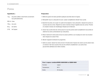 À CONSERVER


Poires
Ingrédients :                                         Préparation

1 kg    de poires (celles à chair ferme conviennent   1. Mettre les grains de raisins pendant quelques secondes dans le Cognac.
        tout particulièrement)
                                                      2. Réchauffer l’eau et y dissoudre le sucre. Laisser complètement refroidir l’eau sucrée.
500 ml d’eau
                                                      3. Eplucher les poires, les couper en quatre et les épépiner. Avec précaution, disposer les poires en
150 g   de sucre
                                                        couches dans les verres. Répartir les raisins marinés de façon régulière dans les verres. Prendre
50 g    de raisins                                      en compte la hauteur de remplissage indiquée par le fabricant.

2 CS    de Cognac                                     4. Verser l’eau sucrée dans les verres jusqu’à ce que les poires soient complètement recouvertes et
                                                        refermer les verres conformément aux instructions.

                                                      5. Placer maximum 6 verres dans le bac de cuisson perforé ou sur la plaque en acier inox et placer
                                                        dans l’espace de cuisson froid.

                                                      6. Allumer l’appareil et démarrer le programme.

                                                      7. Après la cuisson, laisser les verres encore 5 minutes dans l’espace de cuisson puis les placer dans
                                                        un endroit à l’abri des courants d'air pour les refroidir complètement. Les autres fruits
                                                        peuvent être stérilisés de la même manière.




                                                        Four à vapeur combiné EKDG 6800/6900 et EEBD 6600

                                                        Fonction                     vapeur

                                                        Température                  90°C

                                                        Durée                        30 minutes



                                                                                                                                                    91
 