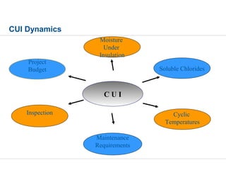 CUI Dynamics
Moisture
Under
Insulation
C U I
Maintenance
Requirements
Project
Budget
Inspection Cyclic
Temperatures
Soluble Chlorides
 