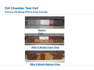 CUI Chamber Test Cell
Courtesy Dik Betzig PPG Hi-Temp Coatings
Before
Test
After 6 Weeks Front View
After 6 Weeks Bottom View
 