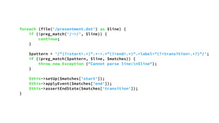 foreach (file('/presentment.dot') as $line) {
if (!preg_match('/->/', $line)) {
continue;
}
$pattern = '/"(?<start>.*)".*->.*"(?<end>.*)".*label="(?<transition>.*?)"/';
if (!preg_match($pattern, $line, $matches)) {
throw new Exception ("Cannot parse line:n$line");
}
$this->setUp($matches['start']);
$this->applyEvent($matches['end']);
$this->assertEndState($matches['transition']);
}
 