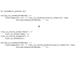 %% cucumberl_parser.erl
string_to_atoms(StrWords) ->
lists:map(fun (Y) -> list_to_atom(string:to_lower(Y)) end,
string:tokens(StrWords, " ")).
➡
list_to_valid_atom("when") ->
list_to_atom("when_");
list_to_valid_atom(Str) ->
list_to_atom(Str).
string_to_atoms(StrWords) ->
lists:map(fun (Y) -> list_to_valid_atom(string:to_lower(Y)) end,
string:tokens(StrWords, " ")).
 