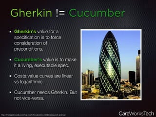 Gherkin != Cucumber
Gherkin's value for a
speciﬁcation is to force
consideration of
preconditions.
Cucumber's value is to make
it a living, executable spec.
Costs:value curves are linear
vs logarithmic.
Cucumber needs Gherkin. But
not vice-versa.
http://thebigfatnoodle.com/top-nosh/the-gherkins-4030-restaurant-and-bar/
 