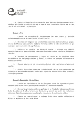 2.3. Reconoce referencias mitológicas en las artes plásticas, siempre que sean claras y
sencillas, describiendo, a través del uso que se hace de ellas, los aspectos básicos que en cada
caso se asocian a la tradición grecolatina.
Bloque 4. Arte
1. Conocer las características fundamentales del arte clásico y relacionar
manifestaciones artísticas actuales con sus modelos clásicos.
1.1. Reconoce en imágenes las características esenciales de la arquitectura griega y
romana identificando razonadamente mediante elementos visibles el orden arquitectónico al que
pertenecen los monumentos más significativos.
1.2. Reconoce en imágenes las esculturas griegas y romanas más célebres
encuadrándolas en un período histórico e identificando en ellas motivos mitológicos, históricos o
culturales.
1.3. Describe las características y explica la función de las principales obras
arquitectónicas del arte griego (templos y teatros), ilustrando con ejemplos su influencia en
modelos posteriores.
2. Conocer algunos de los monumentos clásicos más importantes del patrimonio
español.
2.1. Localiza en un mapa y describe los monumentos clásicos más significativos que
forman parte del patrimonio español, identificando a partir de elementos concretos su estilo y
cronología aproximada.
Bloque 5. Sociedad y vida cotidiana
1. Conocer las características de las principales formas de organización política
presentes en el mundo clásico, estableciendo semejanzas y diferencias entre ellas.
1.1. Nombra los principales sistemas políticos de la Antigüedad clásica describiendo,
dentro de cada uno de ellos, la forma de distribución y ejercicio del poder, las instituciones
existentes, el papel que estas desempeñaban y los mecanismos de participación política.
2. Conocer las características y la evolución de las clases sociales en Grecia y en
Roma y su pervivencia en la sociedad actual.
 
