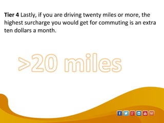 Tier 4 Lastly, if you are driving twenty miles or more, the
highest surcharge you would get for commuting is an extra
ten dollars a month.
 