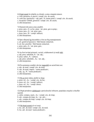 6) Fiind cinstit în relaţiile cu clienţii, a atras simpatia tuturor.
a. verb, gerunziu, d. pasivă / compl. circ. de cauză;
b. verb cop. (gerunziu) + adj. part., N. (nume pred.) / compl. circ. de cauză;
c. locuţiune verbală, gerunziu / compl. circ. de cauză;
d. altă interpretare.
7) Oamenii din juru-i erau amabili.
a. pron. pers., G. cu loc. prep. / atr. pron. gen cu prep.;
b. pron. pers., G. / atr. pron. gen.;
c. pron. pers., D. / compl. indirect;
d. altă interpretare.
8) Spre sfârşitul lui decembrie a fost un frig nemaipomenit.
a. art. genitival (posesiv) / fără funcţie sintactică;
b. art. hot. proclitic / fără funcţie sintactică;
c. pron. pers., G. / atr. pron. gen.;
d. altă interpretare.
9) Au fost invitaţi prietenii, vecinii, colaboratorii şi mulţi alţii.
a. adj. pron. nehotîrât, N. / atr. adj.;
b. pron. nehot., N. / subiect;
c. adj. pron. nehotărât., Ac. / atr. adj.;
d. altă interpretare.
10) În asemenea condiţii, devine imposibil un acord între noi.
a. adv. de mod / compl. circ. de mod;
b. adv. de mod, impers. / nume predicativ;
c. adj., sg., N. / nume predicativ;
d. altă interpretare.
11) Pe ce pune mâna, praful se alege.
a. pron. rel., Ac. / compl. circ. de loc;
b. pron. rel., Ac. / compl. indirect;
c. pron. rel., Ac. / compl. direct;
d. altă interpretare.
12) După prinderea alaltăseară a periculosului infractor, populaţia oraşului a răsuflat
uşurată.
a. subst. compus, neart., Ac. / compl. circ. de timp;
b. adv. compus de timp, Ac. / atr. adv.;
c. adv. compus de timp / compl. circ. de timp;
d. altă interpretare.
13) De bună seamă că voi reuşi.
a. loc. adv. de mod / compl. circ. de mod;
b. loc. adv. de mod / nume predicativ;
202
 