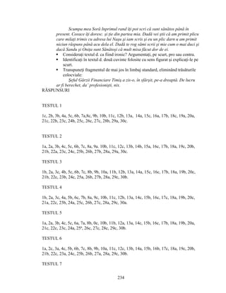 Scumpa mea Soră Inprimul rand îţi pot scri că sunt sănătos până în
present. Ceeace îţi doresc. şi ţie din partea mia. Dadă vei ştii că am primit plicu
care milaţi trimis cu adresa lui Naşu şi iam scris şi eu un plic darn u am primit
niciun răspuns până acu dela el. Dadă te rog sămi scrii şi mie cum o mai duci şi
dacă Sandu şi Oniţa sunt Sănătoşi că mult misa făcut dor de ei.
 Consideraţi textul d. ca fiind ironic? Argumentaţi, pe scurt, pro sau contra.
 Identificaţi în textul d. două cuvinte folosite cu sens figurat şi explicaţi-le pe
scurt.
 Transpuneţi fragmentul de mai jos în limbaj standard, eliminând trăsăturile
colocviale:
Şeful Gărzii Financiare Timiş a zis-o, în sfârşit, pe-a dreaptă. De lucru
ar fi berechet, da’ profesionişti, nix.
RĂSPUNSURI
TESTUL 1
1c, 2b, 3b, 4a, 5c, 6b, 7a,8c, 9b, 10b, 11c, 12b, 13a, 14a, 15c, 16a, 17b, 18c, 19a, 20a,
21c, 22b, 23c, 24b, 25c, 26c, 27c, 28b, 29a, 30c.
TESTUL 2
1a, 2a, 3b, 4c, 5c, 6b, 7c, 8a, 9a. 10b, 11c, 12c, 13b, 14b, 15a, 16c, 17b, 18a, 19c, 20b,
21b, 22a, 23c, 24c, 25b, 26b, 27b, 28a, 29a, 30c.
TESTUL 3
1b, 2a, 3c, 4b, 5c, 6b, 7c, 8b, 9b, 10a, 11b, 12b, 13a, 14a, 15c, 16c, 17b, 18a, 19b, 20c,
21b, 22c, 23b, 24c, 25a, 26b, 27b, 28a, 29c, 30b.
TESTUL 4
1b, 2a, 3c, 4a, 5b, 6c, 7b, 8a, 9c, 10b, 11c, 12b, 13a, 14c, 15b, 16c, 17c, 18a, 19b, 20c,
21a, 22c, 23b, 24a, 25c, 26b, 27c, 28a, 29c, 30a.
TESTUL 5
1a, 2a, 3b, 4c, 5c, 6a, 7a, 8b, 0c, 10b, 11b, 12a, 13a, 14c, 15b, 16c, 17b, 18a, 19b, 20a,
21c, 22c, 23c, 24a, 25ª, 26c, 27c, 28c, 29c, 30b.
TESTUL 6
1a, 2c, 3a, 4c, 5b, 6b, 7c, 8b, 9b, 10a, 11c, 12c, 13b, 14a, 15b, 16b, 17c, 18a, 19c, 20b,
21b, 22c, 23a, 24c, 25b, 26b, 27a, 28a, 29c, 30b.
TESTUL 7
234
 