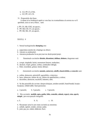 b. CZ, PP, CI, CNS;
c. CZ, PP, AT, CS.
31. Propoziţiile din fraza:
A rămas să se hotărască rapid ce vom face in eventualitatea că cererea nu va fi
aprobată, ceea ce am şi făcut., sunt:
a. PP, CS, SB, CDŢ, atr.apozit.;
b. PP, SB, CD, CT, atr.apozit.;
c. PP, SB, SB, AT, atr.apozit..
TESTUL 9
1. Sensul neologismului dumping este:
a. capacitatea earului de a împinge un obiect;
b. vânzare cu amănuntul;
c. vânzarea produsului la un preţ mai mc decât preţul pieţei.
2. Sinonimele cuvintelor disolut, diseminat, dolhan, dolmen, dragoman sunt:
a. corupt, răspândit, haină, monument funerar, traducător;
b. decăzut, risipit, grăsan, cioban, conducător ddragă;
c. frânt, resemănat, grăsan, haină, tălmaci.
3. Antonimele cuvintelor anomie, autocrat, calofil, claustrofobie, a concede sunt:
a. ordine, democrat, anticalofil, agorafobie, a interzice;
b. haos, tehnocrat, iubitor de cai, iubitor de spaţiiînchise, a tolera;
c. dezordine, democrat, necalofil, înăuntru, tabu.
4. Se dau perechile de cuvinte: donjon-donjuan, amidon-amidol, bund-bundă, locaţie-
locaţiune, lobdă-lodbă. Sunt paronome:
a. 2 perechi; b. 3 perechi; c. 5 perechi;
5: Din cuvintele mobilă, opta, godin, folie, comedie, adună, repezi, rata, operă,
miopii, pot avea perechi omografe:
a. 5; b. 8; c. 10.
6. Recunoşte seria în care toate cuvinele au omonime:
a. cabală, capital, condur, emisar, judeţ;
b. jenă, jep, joc, mână, rădăcină, fruct;
36
 
