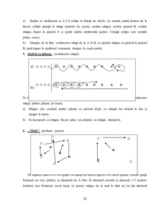 12
a) Ştafeta se desfăşoară cu 2-3-4 echipe în funcţie de efectiv. La semnal, primii jucători de la
fiecare echipă aleargă la minge (punctul A), preiau, conduc mingea, ocolesc punctul B, conduc
mingea înapoi la punctul A şi predă ştafeta următorului jucător. Câştigă echipa care termină
prima, corect.
b) Alergare de la linie, conducerea mingii de la A la B, se opreşte mingea cu piciorul la punctul
B, pasă înapoi la următorul concurent, alergare la coada şirului.
5. Ştafetă cu jaloane. (conducerea mingii)
Se împarte colectivul în două echipe. Jocul se desfăşoară sub formă de stafetă, dar cu conducerea
mingii printre jaloane pe traseu.
a) Mingea este condusă printre jaloane cu piciorul drept, cu stângul sau dreptul la dus şi
stângul la întors.
b) Se înconjoară cu mingea fiecare jalon. (cu dreptul, cu stângul, alternativ).
6. ,, Mâţă’’. (preluare, pasare)
Se împarte clasa în 2-3-4 grupe, în funcţie de efectiv (aprox. 4-6 într-o grupă). Fiecare grupă
formează un cerc (pătrat) cu diametrul de 8-10m. În interiorul cercului se plasează 1-2 jucători.
Jucătorii care formează cercul încep să paseze mingea de la unul la altul, iar cei din interiorul
a)
b)
 
