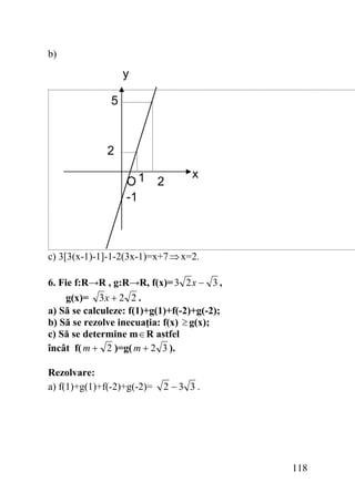b)

y
5

2
O1
-1

2

x

c) 3[3(x-1)-1]-1-2(3x-1)=x+7 ⇒ x=2.
6. Fie f:R→R , g:R→R, f(x)= 3 2 x − 3 ,
g(x)= 3 x + 2 2 .
a) Să se calculeze: f(1)+g(1)+f(-2)+g(-2);
b) Să se rezolve inecuaţia: f(x) ≥ g(x);
c) Să se determine m ∈ R astfel
încât f( m + 2 )=g( m + 2 3 ).
Rezolvare:
a) f(1)+g(1)+f(-2)+g(-2)=

2 −3 3 .

118

 