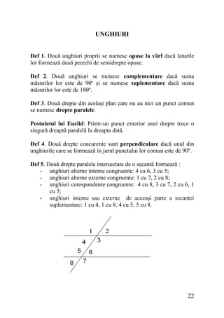 UNGHIURI
Def 1. Două unghiuri proprii se numesc opuse la vârf dacă laturile
lor formează două perechi de semidrepte opuse.
Def 2. Două unghiuri se numesc complementare dacă suma
măsurilor lor este de 90º şi se numesc suplementare dacă suma
măsurilor lor este de 180º.
Def 3. Două drepte din acelaşi plan care nu au nici un punct comun
se numesc drepte paralele.
Postulatul lui Euclid: Printr-un punct exterior unei drepte trece o
singură dreaptă paralelă la dreapta dată.
Def 4. Două drepte concurente sunt perpendiculare dacă unul din
unghiurile care se formează în jurul punctului lor comun este de 90º.
Def 5. Două drepte paralele intersectate de o secantă formează :
- unghiuri alterne interne congruente: 4 cu 6, 3 cu 5;
- unghiuri alterne externe congruente: 1 cu 7, 2 cu 8;
- unghiuri corespondente congruente: 4 cu 8, 3 cu 7, 2 cu 6, 1
cu 5;
- unghiuri interne sau externe de aceeaşi parte a secantei
suplementare: 1 cu 4, 1 cu 8, 4 cu 5, 5 cu 8.

22

 