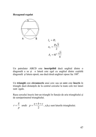 Hexagonul regulat

l 6 = R;
a6 =

R 3
2

A3 = 6l 2

3
4

Un patrulater ABCD este inscriptibil dacă unghiul dintre o
diagonală a sa şi o latură este egal cu unghiul dintre cealaltă
diagonală şi latura opusă, sau dacă două unghiuri opuse fac 1800.
Un triunghi este circumscris unui cerc sau un cerc este înscris în
triunghi dacă distanţele de la centrul cercului la toate cele trei laturi
sunt egale.
Raza cercului înscris într-un triunghi în funcţie de aria triunghiului şi
de semiperimetrul triunghiului.

r=

S
a+b+c
, a,b,c sunt laturile triunghiului.
unde p =
2
p

47

 