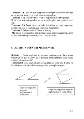 Teorema 7.4 Dacă un plan conţine două drepte concurente paralele
cu un alt plan atunci cele două plane sunt paralele.
Teorema 7.5 ( Tranzitivitatea relaţiei de paralelism îmtre plane).
Două plane distincte paralele cu un al treilea plan sunt paralele între
ele.
Teorema 7.6 Două plane paralele determină pe două segmente
paralele pe care le intersectează segmente congruente.
Teorema 7.7 (Teorema lui Thales în spaţiu)
Mai multe plane paralele determină pe două drepte oarecare pa care
le intersectează segmente respectiv proporţionale.

8. UNGHIUL A DOUĂ DREPTE ÎN SPAŢIU
Definiţie: Două unghiuri se numesc suplementare dacă suma
măsurilor lor este de 180° şi se numesc complementare dacă suma
măsurilor lor este de 90°.
Teorema 8.1 Două unghiuri din acelaşi plan sau din plane diferite cu
laturile respectiv paralele sunt congruente sau suplementare.

Unghiuri congruente
respectiv
suplementare în
acelaşi plan

Unghiuri congruente respectiv
suplementare în plane diferite

53

 
