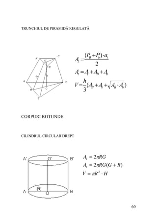 TRUNCHIUL DE PIRAMIDĂ REGULATĂ

(P + P ) ⋅ at
B
b
2
At = Al + AB + Ab

Al =

h
V = (AB + Ab + AB ⋅ Ab )
3

CORPURI ROTUNDE

CILINDRUL CIRCULAR DREPT

Al = 2πRG
At = 2πRG (G + R )
V = πR 2 ⋅ H

65

 