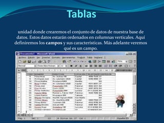 Tablasunidad donde crearemos el conjunto de datos de nuestra base de datos. Estos datos estarán ordenados en columnas verticales. Aquí definiremos los campos y sus características. Más adelante veremos qué es un campo.