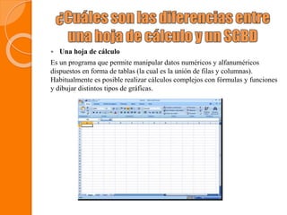  Una hoja de cálculo
Es un programa que permite manipular datos numéricos y alfanuméricos
dispuestos en forma de tablas (la cual es la unión de filas y columnas).
Habitualmente es posible realizar cálculos complejos con fórmulas y funciones
y dibujar distintos tipos de gráficas.
 