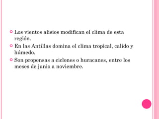 Los vientos alisios modifican el clima de esta región.  En las Antillas domina el clima tropical, calido y húmedo.  Son propensas a ciclones o huracanes, entre los meses de junio a noviembre.  