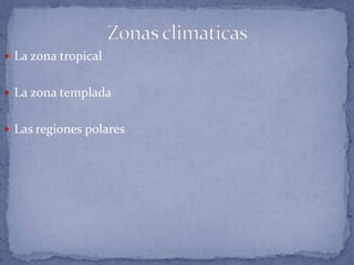  La zona tropical


 La zona templada


 Las regiones polares
 