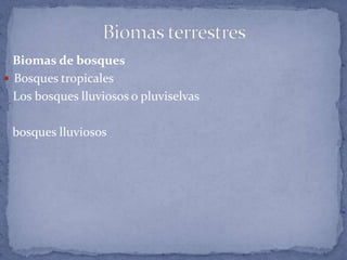 Biomas de bosques
 Bosques tropicales
  Los bosques lluviosos o pluviselvas

 bosques lluviosos
 