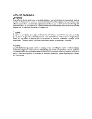 Géneros narrativos:
Leyenda
Es una forma de narración que surge de la tradición oral principalmente, mediante la cual se
cuentan hechos de seres humanos o sobrenaturales. Por dicho aspecto, narra una historia real
o ficticia que incluye una serie de aspectos maravillosos que se transforman en el reflejo del
folclor de la zona de la que procede. En este sentido,es definida como una narración de carácter
popular que se transmite de manera oral y escrita.
Cuento
El cuento es uno de los géneros narrativos más relevantes y transmitidos que narra un hecho
que es capaz de generar un tipo de emoción en el lector. Puede contar sucesos imaginarios o
reales, su argumento es sencillo para que el lector lo entienda fácilmente e incluye pocos
personajes. También, cuenta con diversos formatos según su temática y extensión.
Novela
Es un texto literario que está escrito en prosa y puede narrar hechos reales y hechos ficticios.
Se caracteriza porque tiene una trama más difícil que el cuento y mucho más extensa. Su trama
casi siempre está relacionada a la extensión temporal, donde los hechos que pasan se sujetan
según a cómo se prolongan en el tiempo de la historia. El escritor puede enfocar su obra según
sus intenciones.
 