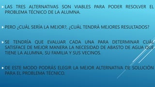 LAS TRES ALTERNATIVAS SON VIABLES PARA PODER RESOLVER EL
PROBLEMA TÉCNICO DE LA ALUMNA.
PERO ¿CUÁL SERÍA LA MEJOR?, ¿CUÁL TENDRÁ MEJORES RESULTADOS?
SE TENDRÍA QUE EVALUAR CADA UNA PARA DETERMINAR CUÁL
SATISFACE DE MEJOR MANERA LA NECESIDAD DE ABASTO DE AGUA QUE
TIENE LA ALUMNA, SU FAMILIA Y SUS VECINOS.
DE ESTE MODO PODRÁS ELEGIR LA MEJOR ALTERNATIVA DE SOLUCIÓN
PARA EL PROBLEMA TÉCNICO.
 