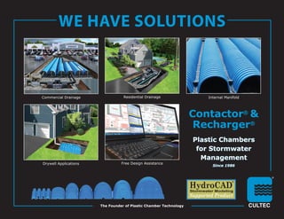 Drywell Applications
Commercial Drainage
Free Design Assistance
Residential Drainage Internal Manifold
Since 1986
WE HAVE SOLUTIONS
The Founder of Plastic Chamber Technology
Contactor®
&
Recharger®
Plastic Chambers
for Stormwater
Management
 
