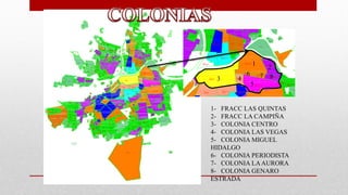 1- FRACC LAS QUINTAS
2- FRACC LA CAMPIÑA
3- COLONIA CENTRO
4- COLONIA LAS VEGAS
5- COLONIA MIGUEL
HIDALGO
6- COLONIA PERIODISTA
7- COLONIA LAAURORA
8- COLONIA GENARO
ESTRADA
1
2
3 4
5
6 7 8
 