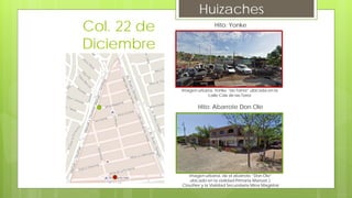 Huizaches
Hito: Yonke
Imagen urbana, Yonke “las Torres” ubicada en la
calle Calz de las Torez
Hito: Abarrote Don Ole
Imagen urbana, de el abarrote “Don Ole”
ubicado en la vialidad Primaria Manuel J.
Clouthier y la Vialidad Secundaria Mina Magistral
Col. 22 de
Diciembre
 