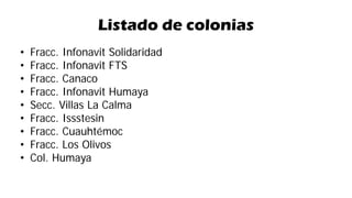 Listado de colonias
• Fracc. Infonavit Solidaridad
• Fracc. Infonavit FTS
• Fracc. Canaco
• Fracc. Infonavit Humaya
• Secc. Villas La Calma
• Fracc. Issstesin
• Fracc. Cuauhtémoc
• Fracc. Los Olivos
• Col. Humaya
 