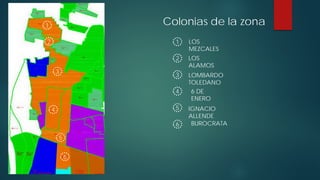 LOS
MEZCALES
LOS
ALAMOS
LOMBARDO
TOLEDANO
6 DE
ENERO
IGNACIO
ALLENDE
BUROCRATA
1
2
3
4
5
6
4
5
6
1
2
3
Colonias de la zona
 