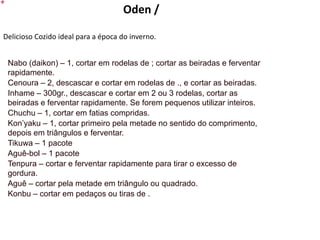 Oden /
Delicioso Cozido ideal para a época do inverno.
Nabo (daikon) – 1, cortar em rodelas de ; cortar as beiradas e ferventar
rapidamente.
Cenoura – 2, descascar e cortar em rodelas de ., e cortar as beiradas.
Inhame – 300gr., descascar e cortar em 2 ou 3 rodelas, cortar as
beiradas e ferventar rapidamente. Se forem pequenos utilizar inteiros.
Chuchu – 1, cortar em fatias compridas.
Kon’yaku – 1, cortar primeiro pela metade no sentido do comprimento,
depois em triângulos e ferventar.
Tikuwa – 1 pacote
Aguê-bol – 1 pacote
Tenpura – cortar e ferventar rapidamente para tirar o excesso de
gordura.
Aguê – cortar pela metade em triângulo ou quadrado.
Konbu – cortar em pedaços ou tiras de .
 