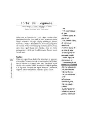 56
LEGUMES&VERDURAS
1 ovo
1 e ½ xícara (chá)
de água
4 colheres (sopa) de
óleo de soja
2 e ½ colheres (sopa)
de leite em pó
desnatado
8 colheres (sopa) de
farinha de trigo
½ colher (sopa) de
parmesão ralado
1 colher (sopa) de
fermento em pó
1 tomate seco picado
Recheio
350 g de abobrinha
350 g de cenoura
170 g de tomate
130 g de pimentão
verde
sal, orégano e
salsinha a gosto
150 g de cebola
ralada
½ colher (sopa) de
tablete de caldo de
galinha esfarelado
Torta de Legumes
TEMPO DE PREPARO: 1 E ½ HORA RENDIMENTO: 12 PORÇÕES
CALORIAS POR PORÇÃO: 119,00
GRAU DE DIFICULDADE: MÉDIO CUSTO: MÉDIO
Bata o ovo no liquidificador; junte a água e o óleo e bata
por alguns minutos. Sem parar de bater, acrescente o leite
em pó, a farinha e o queijo. Despeje numa tigela, junte o
fermento e misture delicadamente. Adicione os legumes
do recheio, misture bem e despeje numa assadeira untada
com óleo e polvilhada com farinha. Asse em forno
preaquecido a 180ºC por 35 a 40 minutos. Decore com o
tomate seco.
Pique em cubinhos a abobrinha, a cenoura, o tomate e
opimentão.Temperecomsal,oréganoesalsinha.Misture
bem e coloque num escorredor, para não juntar água.
Doure acebolanumapanela,acrescenteocaldodegalinha
e os legumes. Refogue por alguns minutos. Quando os
legumes estiverem cozidos, escorra a água e utilize.
 