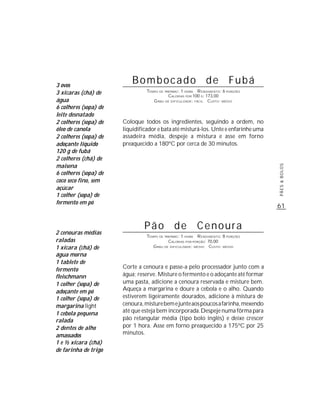 61
PÃES&BOLOS
Bombocado de Fubá
TEMPO DE PREPARO: 1 HORA RENDIMENTO: 6 PORÇÕES
CALORIAS POR 100 G: 173,00
GRAU DE DIFICULDADE: FÁCIL CUSTO: MÉDIO
Coloque todos os ingredientes, seguindo a ordem, no
liquidificador e bata até misturá-los. Unte e enfarinhe uma
assadeira média, despeje a mistura e asse em forno
preaquecido a 180ºC por cerca de 30 minutos.
2 cenouras médias
raladas
1 xícara (chá) de
água morna
1 tablete de
fermento
fleischmann
1 colher (sopa) de
adoçante em pó
1 colher (sopa) de
margarina light
1 cebola pequena
ralada
2 dentes de alho
amassados
1 e ½ xícara (chá)
de farinha de trigo
Pão de Cenoura
TEMPO DE PREPARO: 1 HORA RENDIMENTO: 8 PORÇÕES
CALORIAS POR PORÇÃO: 70,00
GRAU DE DIFICULDADE: MÉDIO CUSTO: MÉDIO
Corte a cenoura e passe-a pelo processador junto com a
água; reserve. Misture o fermento e o adoçante até formar
uma pasta, adicione a cenoura reservada e misture bem.
Aqueça a margarina e doure a cebola e o alho. Quando
estiverem ligeiramente dourados, adicione à mistura de
cenoura,misturebemejunteaospoucosafarinha,mexendo
até que esteja bem incorporada.Despeje numa fôrma para
pão retangular média (tipo bolo inglês) e deixe crescer
por 1 hora. Asse em forno preaquecido a 175ºC por 25
minutos.
3 ovos
3 xícaras (chá) de
água
6 colheres (sopa) de
leite desnatado
2 colheres (sopa) de
óleo de canola
2 colheres (sopa) de
adoçante líquido
120 g de fubá
2 colheres (chá) de
maisena
6 colheres (sopa) de
coco seco fino, sem
açúcar
1 colher (sopa) de
fermento em pó
 