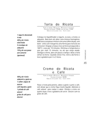 69
SOBREMESAS
Torta de Ricota
TEMPO DE PREPARO: 50 MINUTOS RENDIMENTO: 6 PORÇÕES
CALORIAS POR PORÇÃO: 170,08 / SEM UVA PASSA: 113,83
GRAU DE DIFICULDADE: FÁCIL CUSTO: BAIXO
Coloque no liquidificador o iogurte, os ovos, a ricota e o
adoçante. Bata bem até obter uma mistura homogênea.
Adicioneauvapassaemisturecomumacolherdepau,sem
bater. Unte com margarina uma fôrma para torta de aro
removível. Despeje a massa e leve ao forno preaquecido a
180ºC e asse por 10 minutos. Diminua a temperatura e
asse por mais 15 minutos, ou até que esteja assada.
Desligue o forno, abra um pouco a tampa e deixe a torta
esfriar no forno. Quando estiver fria, retire-a do forno e
leve à geladeira por 4 a 5 horas.
1 iogurte desnatado
4 ovos
400 g de ricota
esfarelada
5 envelopes de
adoçante
150 g de uva passa
sem semente
(opcional)
Creme de Ricota
e Café
TEMPO DE PREPARO: 20 MINUTOS RENDIMENTO: 4 PORÇÕES
CALORIAS POR PORÇÃO: 160,00
GRAU DE DIFICULDADE: FÁCIL CUSTO: MÉDIO
Passe a ricota pela peneira, adoce a gosto e junte o café,
sem deixar que o creme fique muito líquido. Adicione o
café solúvel para realçar o sabor. Divida o creme em
quatro taças e leve à geladeira até servir. Decore com os
grãos de café.
400 g de ricota
adoçante a gosto ou
1 colher (sopa) de
açúcar
café líquido a gosto
1 pitada de café
solúvel
grãos de café para
decorar
 