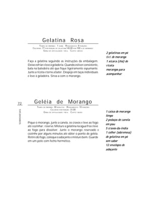 72
SOBREMESAS
Gelatina Rosa
TEMPO DE PREPARO: 1 HORA RENDIMENTO: 8 PORÇÕES
CALORIAS: 77 POR PORÇÃO DE GELATINA/ 40,00 POR 100 G DE MORANGO
GRAU DE DIFICULDADE: FÁCIL CUSTO: MÉDIO
Faça a gelatina seguindo as instruções da embalagem.
Deixeesfriareleveàgeladeria.Quandoestiverconsistente,
bata na batedeira até que fique ligeiramente espumante.
Junte a ricota e torne a bater. Despeje em taças individuais
e leve à geladeira. Sirva-a com o morango.
2 gelatinas em pó
diet de morango
1 xícara (chá) de
ricota
morangos para
acompanhar
Geléia de Morango
TEMPO DE PREPARO: 30 MINUTOS RENDIMENTO: 10 PORÇÕES
CALORIAS POR PORÇÃO: 31,00
GRAU DE DIFICULDADE: FÁCIL CUSTO: BAIXO
Pique o morango, junte a canela, os cravos e leve ao fogo
até cozinhar; reserve.Misture a gelatina na água fria e leve
ao fogo para dissolver. Junte o morango reservado e
cozinhe por alguns minutos até obter o ponto de geléia.
Retiredofogo,coloqueoadoçanteemisturebem.Guarde
em um pote com fecho hermético.
1 caixa de morango
limpo
2 pedaços de canela
em pau
5 cravos-da-índia
1 colher (sobremesa)
de gelatina em pó
sem sabor
12 envelopes de
adoçante
 