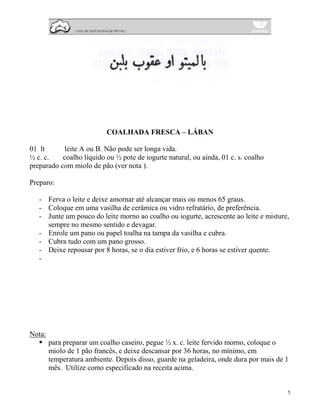 COALHADA FRESCA – LÁBAN

01 lt       leite A ou B. Não pode ser longa vida.
½ c. c.    coalho líquido ou ½ pote de iogurte natural, ou ainda, 01 c. s. coalho
preparado com miolo de pão (ver nota ).

Preparo:

   - Ferva o leite e deixe amornar até alcançar mais ou menos 65 graus.
   - Coloque em uma vasilha de cerâmica ou vidro refratário, de preferência.
   - Junte um pouco do leite morno ao coalho ou iogurte, acrescente ao leite e misture,
     sempre no mesmo sentido e devagar.
   - Enrole um pano ou papel toalha na tampa da vasilha e cubra.
   - Cubra tudo com um pano grosso.
   - Deixe repousar por 8 horas, se o dia estiver frio, e 6 horas se estiver quente.
   -




Nota:
        para preparar um coalho caseiro, pegue ½ x. c. leite fervido morno, coloque o
        miolo de 1 pão francês, e deixe descansar por 36 horas, no mínimo, em
        temperatura ambiente. Depois disso, guarde na geladeira, onde dura por mais de 1
        mês. Utilize como especificado na receita acima.


                                                                                       5
 