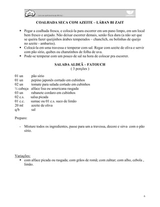 COALHADA SECA COM AZEITE – LÁBAN BI ZAIT

      Pegar a coalhada fresca, e colocá-la para escorrer em um pano limpo, em um local
      bem fresco e arejado. Não deixar escorrer demais, senão fica dura (a não ser que
      se queira fazer queijinhos árabes temperados – chanclich, ou bolinhas de queijo
      no azeite - ambariss).
      Colocá-la em uma travessa e temperar com sal. Regar com azeite de oliva e servir
      com pão sírio, quibes ou charutinhos de folha de uva.
      Pode-se temperar com um pouco de sal na hora de colocar pra escorrer.

                          SALADA ALDEÃ – FATOUCH
                                 ( 3 porções )
01 un      pão sírio
01 un      pepino japonês cortado em cubinhos
02 un      tomate para salada cortado em cubinhos
½ cabeça   alface lisa ou americana rasgada
03 un      rabanete cordaro em cubinhos
02 c.s.    salsa picada
01 c.c.    sumac ou 01 c.s. suco de limão
20 ml      azeite de oliva
q/b        sal

Preparo:

   - Misture todos os ingredientes, passe para um a travessa, decore e sirva com o pão
     sírio.




Variações:
      com alface picada ou rasgada; com grãos de romã; com zahtar; com alho, cebola ,
      limão.




                                                                                     6
 