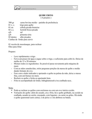 QUIBE FRITO
                                      ( 6 porções )

300 gr      carne bovina moída – patinho de preferência
01 x. c.    trigo para quibe
01 un       cebola picada brunoise
02 c.s.     hortelã fresca picada
q/b         sal
q/b         pimenta-síria
02 dentes   alho picados
Cunhas de limão para servir

01 receita de mussáuaque, para rechear
Óleo para fritar

Preparo:

   - Lave rapidamente o trigo.
   - Ferva um pouco de água e jogue sobre o trigo, o suficiente para cobri-lo. Deixe de
     molho de 15 a 20 minutos.
   - Misture todos os ingredientes. Se possível passe novamente pela máquina de
     moer.
   - Com as mãos umedecidas, retire pequenas porções da massa de quibe e molde
     dando formato de ovo.
   - Fure com o dedo indicador e apoiando o quibe na palma da mão, deixe a massa
     fina, com um buraco no meio.
   - Recheie os quibe e feche-os apertando bem.
   - Frite-os acompanhado de limão, babaghannoush e/ou coalhada seca..


Nota:
        Pode-se rechear os quibes com azeitonas ou com um ovo inteiro cozido.
        Variações do quibe: além do assado, cru e frito, há o quibe grelhado, na cozido na
        coalhada, assado no azeite, ensopado, com legumes ou carne ou grãos. Há ainda
        o quibe quaresmal (sem carne), o de peixe e o de abóbora ou batata.




                                                                                        10
 