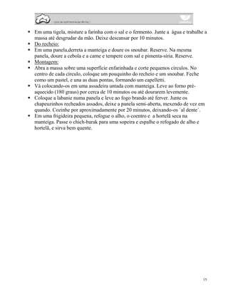 Em uma tigela, misture a farinha com o sal e o fermento. Junte a água e trabalhe a
massa até desgrudar da mão. Deixe descansar por 10 minutos.
Do recheio:
Em uma panela,derreta a manteiga e doure os snoubar. Reserve. Na mesma
panela, doure a cebola e a carne e tempere com sal e pimenta-síria. Reserve.
Montagem:
Abra a massa sobre uma superfície enfarinhada e corte pequenos círculos. No
centro de cada círculo, coloque um pouquinho do recheio e um snoubar. Feche
como um pastel, e una as duas pontas, formando um capelletti.
Vá colocando-os em uma assadeira untada com manteiga. Leve ao forno pré-
aquecido (180 graus) por cerca de 10 minutos ou até dourarem levemente.
Coloque a labanie numa panela e leve ao fogo brando até ferver. Junte os
chapeuzinhos recheados assados, deixe a panela semi-aberta, mexendo de vez em
quando. Cozinhe por aproximadamente por 20 minutos, deixando-os ´al dente´.
Em uma frigideira pequena, refogue o alho, o coentro e a hortelã seca na
manteiga. Passe o chich-barak para uma sopeira e espalhe o refogado de alho e
hortelã, e sirva bem quente.




                                                                                15
 