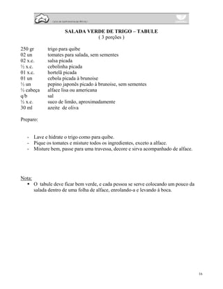 SALADA VERDE DE TRIGO – TABULE
                                ( 3 porções )

250 gr        trigo para quibe
02 un         tomates para salada, sem sementes
02 x.c.       salsa picada
½ x.c.        cebolinha picada
01 x.c.       hortelã picada
01 un         cebola picada à brunoise
½ un          pepino japonês picado à brunoise, sem sementes
½ cabeça      alface lisa ou americana
q/b           sal
½ x.c.        suco de limão, aproximadamente
30 ml         azeite de oliva

Preparo:


   - Lave e hidrate o trigo como para quibe.
   - Pique os tomates e misture todos os ingredientes, exceto a alface.
   - Misture bem, passe para uma travessa, decore e sirva acompanhado de alface.




Nota:
        O tabule deve ficar bem verde, e cada pessoa se serve colocando um pouco da
        salada dentro de uma folha de alface, enrolando-a e levando à boca.




                                                                                      16
 
