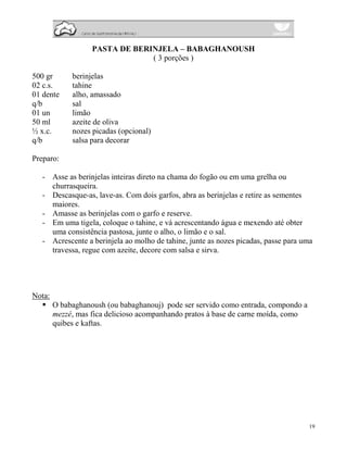 PASTA DE BERINJELA – BABAGHANOUSH
                                ( 3 porções )

500 gr       berinjelas
02 c.s.      tahine
01 dente     alho, amassado
q/b          sal
01 un        limão
50 ml        azeite de oliva
½ x.c.       nozes picadas (opcional)
q/b          salsa para decorar

Preparo:

   - Asse as berinjelas inteiras direto na chama do fogão ou em uma grelha ou
     churrasqueira.
   - Descasque-as, lave-as. Com dois garfos, abra as berinjelas e retire as sementes
     maiores.
   - Amasse as berinjelas com o garfo e reserve.
   - Em uma tigela, coloque o tahine, e vá acrescentando água e mexendo até obter
     uma consistência pastosa, junte o alho, o limão e o sal.
   - Acrescente a berinjela ao molho de tahine, junte as nozes picadas, passe para uma
     travessa, regue com azeite, decore com salsa e sirva.




Nota:
        O babaghanoush (ou babaghanouj) pode ser servido como entrada, compondo a
        mezzé, mas fica delicioso acompanhando pratos à base de carne moída, como
        quibes e kaftas.




                                                                                     19
 