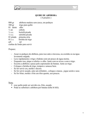 QUIBE DE ABÓBORA
                                      ( 6 porções )

800 gr       abóbora madura sem casca, em pedaços
500 gr       trigo para quibe
01 dente alho
½ un        cebola
½ x.c.      hortelã picada
½ x.c.      salsinha picada
01 pitada pimenta-síria
01 c.s.     farinha de trigo
q/b          sal
cunhas de limão para servir

Preparo:

   - Assar os pedaços de abóbora, para isso unte a travessa, ou cozinhe-os na água
     levemente salgada.
   - Lave rapidamente o trigo e hidrate com um pouco de água morna.
   - Enquanto isso, pique a cebola e o alho. Junte com as ervas e com o trigo.
   - Escorra a abóbora e passe pelo espremedor de batatas. Junte ao trigo.
   - Coloque a farinha de trigo, tempere e amasse bem.
   - Se for servir cru, molde e decore.
   - Se for servir assado, unte um refratário , coloque a massa , jogue azeite e asse.
   - Se for fritar, molde e frite em óleo quente, aos poucos.



Nota:
        esse quibe pode ser servido cru, frito, assado.
        Pode-se substituir a abóbora por batatas (kibe bi hili).




                                                                                         8
 