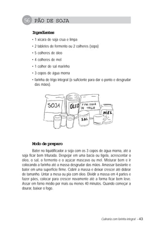 Culinária com farinha integral – 43
56 PÃO DE SOJA
Ingredientes
• 1 xícara de soja crua e limpa
• 2 tabletes de fermento ou 2 colheres (sopa)
• 5 colheres de óleo
• 4 colheres de mel
• 1 colher de sal marinho
• 3 copos de água morna
• farinha de trigo integral (o suficiente para dar o ponto e desgrudar
das mãos).
Modo de preparo
Bater no liquidificador a soja com os 3 copos de água morna, até a
soja ficar bem triturada. Despejar em uma bacia ou tigela, acrescentar o
óleo, o sal, o fermento e o açúcar mascavo ou mel. Misturar bem e ir
colocando a farinha até a massa desgrudar das mãos. Amassar bastante e
bater em uma superfície firme. Cobrir a massa e deixar crescer até dobrar
de tamanho. Untar a mesa ou pia com óleo. Dividir a massa em 4 partes e
fazer pães, colocar para crescer novamente até a forma ficar bem leve.
Assar em forno médio por mais ou menos 40 minutos. Quando começar a
dourar, baixar o fogo.
 