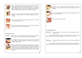 Envolva a makisu com um saco plástico e fure varias partes, para retirar o ar.
               Espalhe uma camada de shary, da esquerda para a direita, com ½ cm de                                   Enrole com o auxílio da makisu, pressionando levemente para fixar bem o
               altura, arrumando as bordas e deixando uma faixa de 2 cm descoberta.                                   conteúdo, e ajeite as laterais com os dedos, apertando bem antes de
               Disponha metade de uma nori por cima, com a parte crespa voltada para o                                desenrolar.
               shary, e distribua o salmão, o cream cheese, o molho tarê e o pepino.


                                                                                                                      Corte, em 8 unidades, com uma faca bem amolada, limpando-a após cada
               Enrole com o auxílio da makisu, pressionando levemente para fixar bem o                                corte, com um papel-toalha.
               conteúdo, e ajeite as laterais com os dedos, apertando bem antes de
               desenrolar.


                                                                                                                      Enfeite cada unidade com o massago.
               Cubra com as fatias de peixes variados por cima, e aperte de novo o conjunto
               com a esteira para fixar o peixe.




               Corte, em 8 unidades em forma de arco-íris, com uma faca bem amolada,
               limpando-a após cada corte, com um papel-toalha.



                                                                                                     4) Uramaki Salmon Skin

                                                                                                      Molho Tarê:     1 xícara de Hondashi, 1 xícara de shoyu, 1 xícara de pitianga ou saquê, 1
                                                                                                                      xícara de açúcar.
d) Uramaki de Salmão
                                                                                                               Misture os ingredientes em uma panela e leve ao fogo para ferver. Baixe o fogo e deixe
 Uramaki:    250g de salmão, 1 talo de cebolinha picada, 1 colher de sopa rasa de maionese,
                                                                                                     cozinhar, mexendo de vez em quando, até reduzir a 1/3 do volume, cerca de 2 a 3 horas.
             shary, nori, ova de massago (ou outra de sua preferência) para enfeitar.


               Corte 100g de salmão em pedacinhos bem pequenos, acrescente a cebolinha
                                                                                                      Salmão Skin:      120g de pele salmão retirada com ½ cm da carne, sal, pimenta-do-reino,
               picada, adicione a maionese, misture bem. O restante do salmão deve ser
                                                                                                                        óleo.
               cortado em fatias bem finas.
                                                                                                              Corte a pele do salmão deixando uma camada fina da carne do peixe, tempere com o sal
                                                                                                     e a pimenta dos dois lados, e frite a pele em óleo quente, deixando dourar bem dos dois lados.
               Envolva a makisu com um saco plástico e fure varias partes, para retirar o ar.
               Disponha as fatias de salmão e espalhe uma camada de shary, da esquerda
               para a direita, com ½ cm de altura, arrumando as bordas e deixando uma
               faixa de 2 cm descoberta. Disponha metade de uma nori por cima, com a
               parte crespa voltada para o shary, e distribua a mistura de salmão, cebolinha
               e maionese.

                                                                                                23                                                                                                24
 